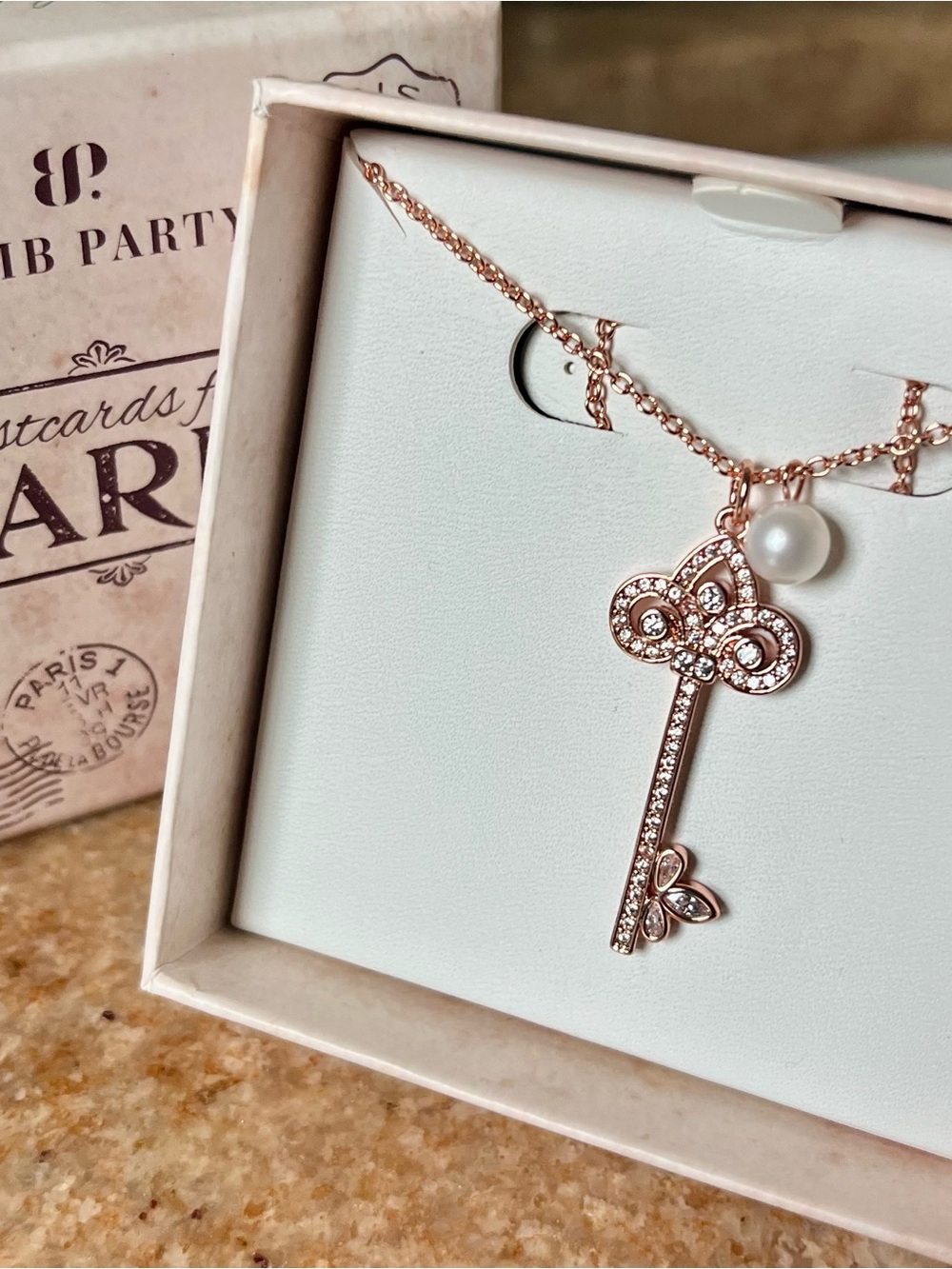 Bomb Party POSTCARDS From Paris RBP2673 The Parisian Key RG Key & Pearl Necklace